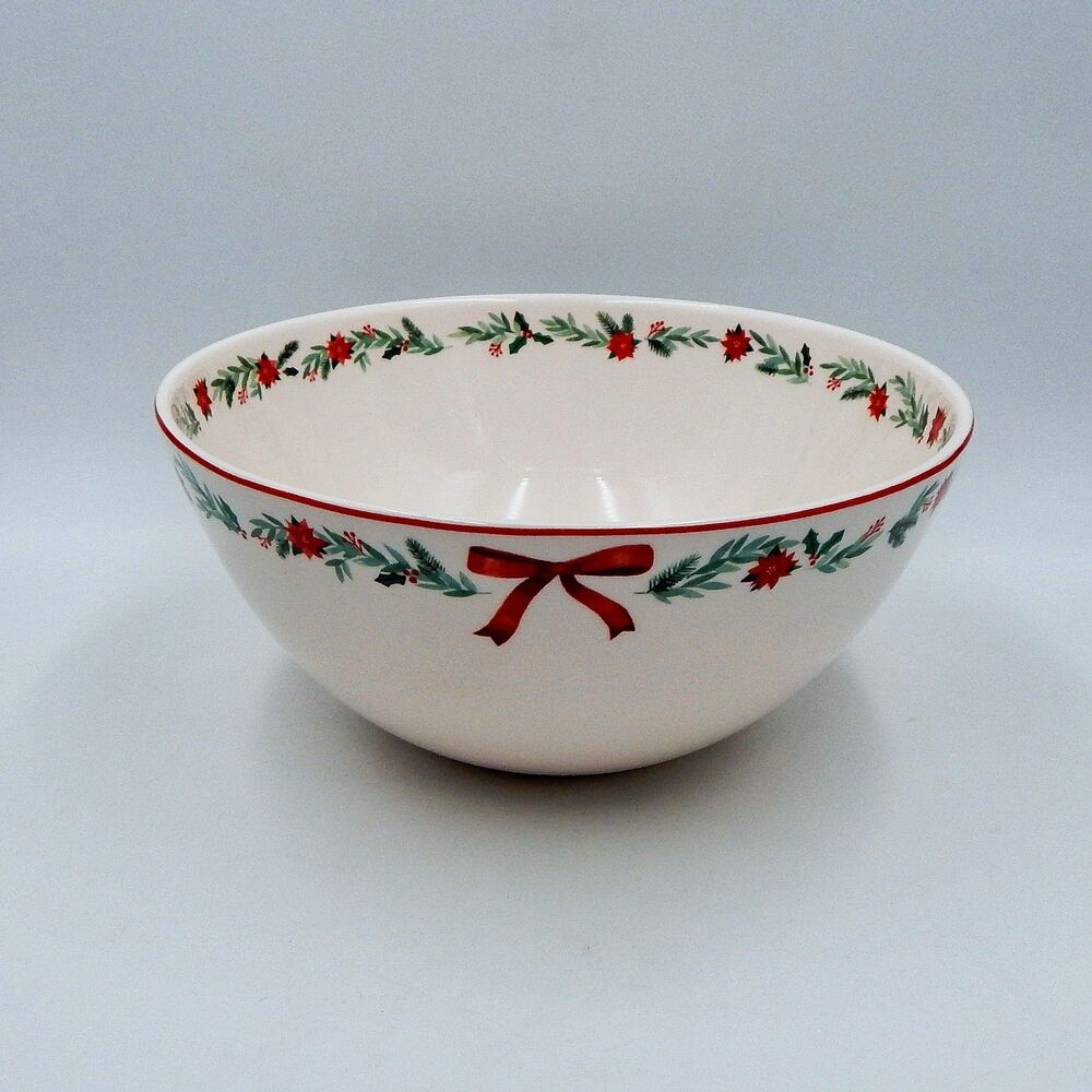 Sur La Table Nutcracker Pine Poinsetta Bow Serving Bowl 10-1/2 Inch